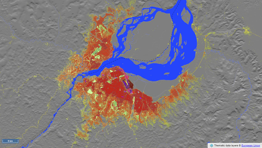 A cropped map zoomed on Kinshasa-Brazzaville, depicting data extracted from the GHSL Data Package 2023